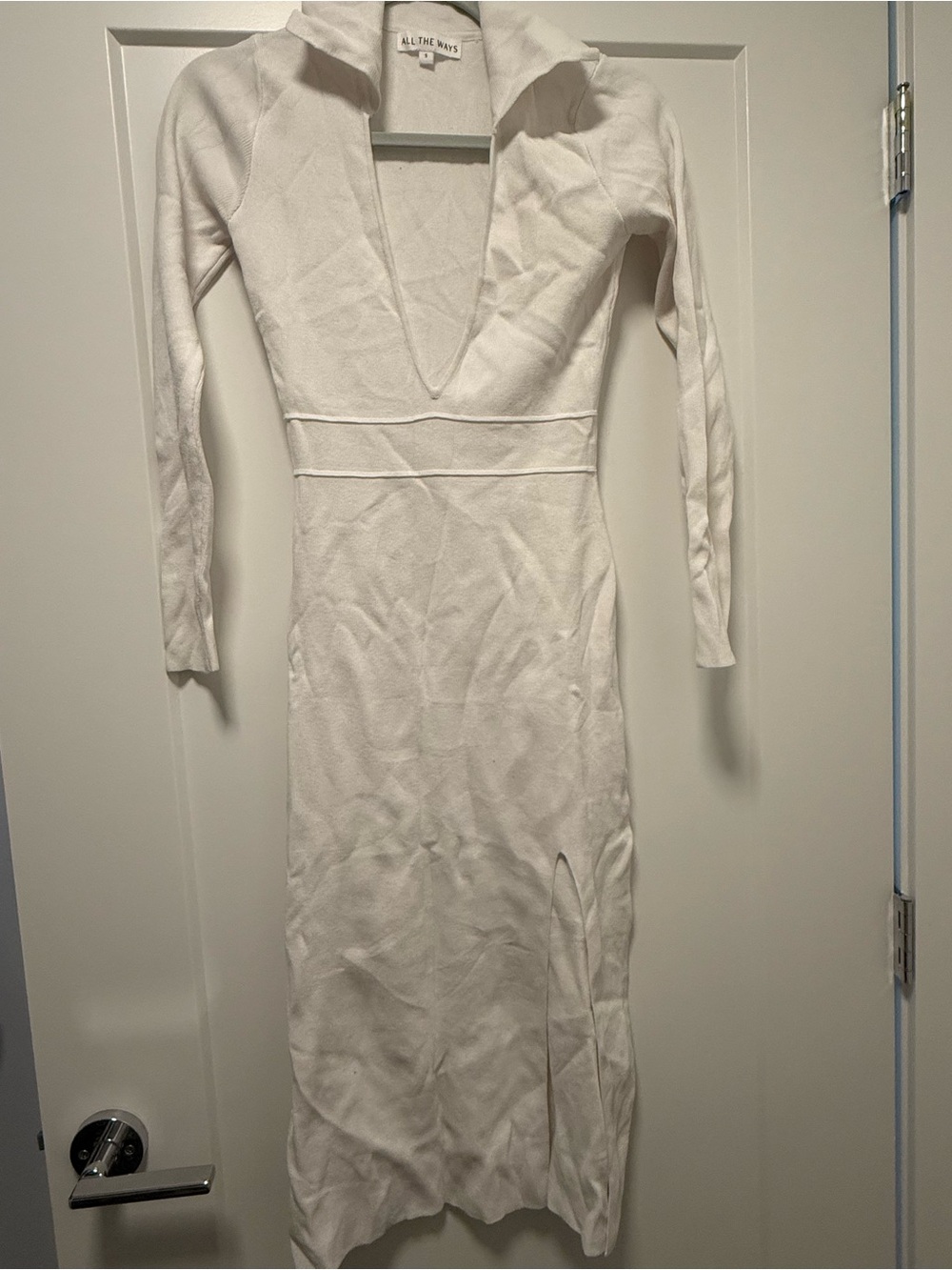 White Long-Sleeve Midi Dress with Deep V